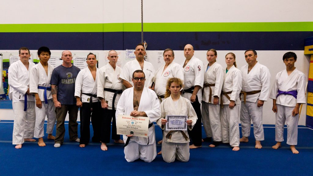 Kevin Sadeghian is promoted to nidan (2nd degree black belt), and Kira is promoted to ikkyu (1st degree brown belt)